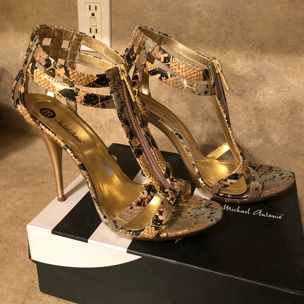 Gold snakeskin stiletto sandals